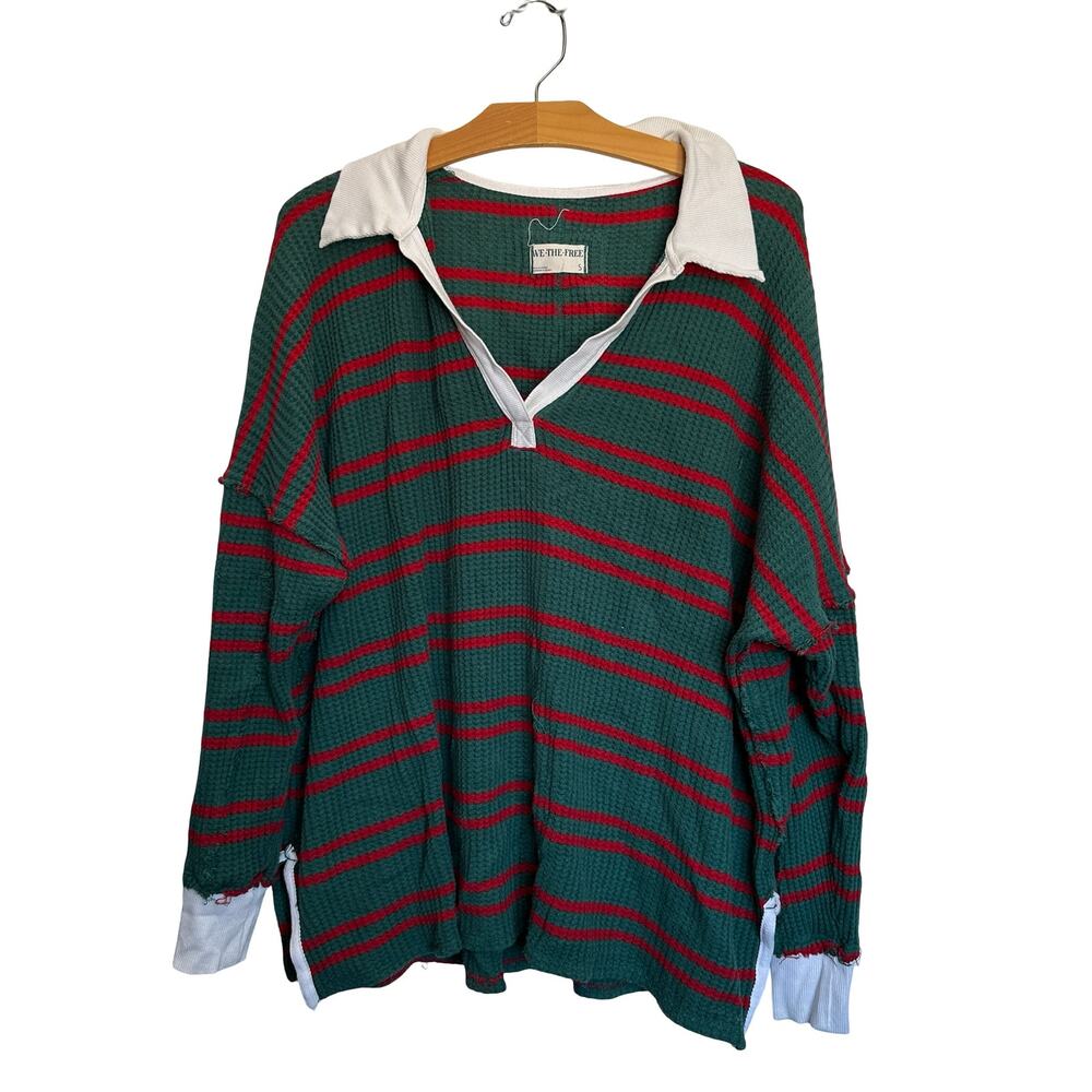 We The Free Striped Travis Polo Tee Forest Combo Green Red Rugby Long Sleeve S